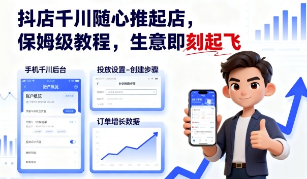 抖店千川随心推起店，保姆级教程，生意即刻起飞-副业吧