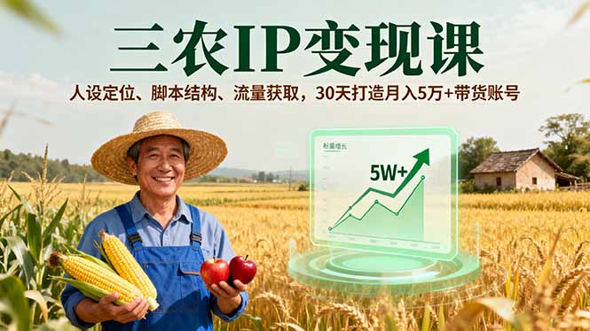 三农IP变现课，人设定位、脚本结构、流量获取，30天打造月入5万+带货账号-副业吧