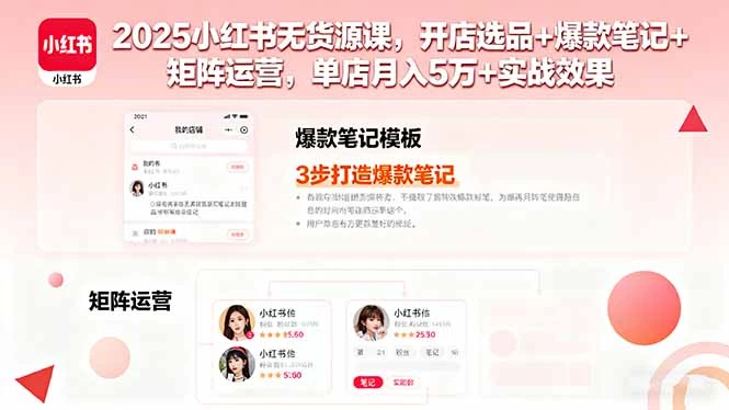 【精】2025小红书无货源课，开店选品+爆款笔记+矩阵运营，单店月入5万+实战效果-副业吧