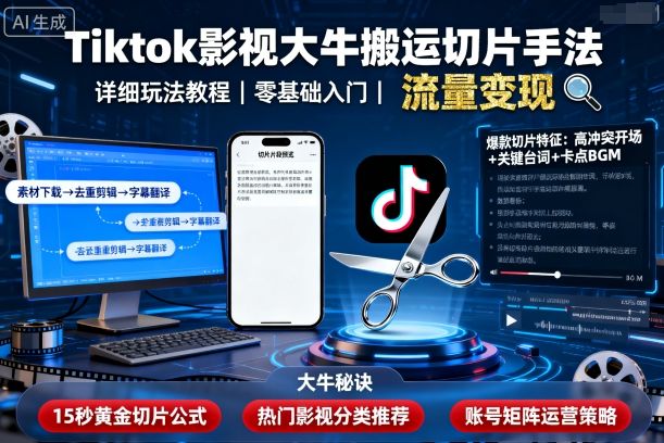 Tiktok影视大牛搬运切片手法，详细玩法教程-副业吧