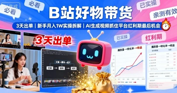 B站好物带货，3天出单，新手月入1W实操拆解，AI生成视频，抓住平台红利期最后机会-副业吧