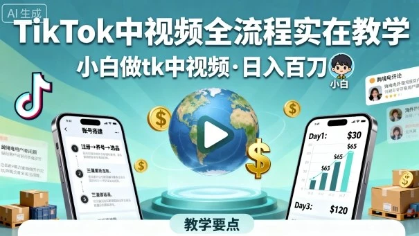 TikTok中视频全流程实操教学，小白做tk中视频，日入百刀-副业吧