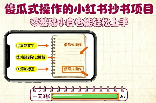 傻瓜式操作的小红书抄书项目，会复制粘贴就行，零基础小白也能一天3张-副业吧