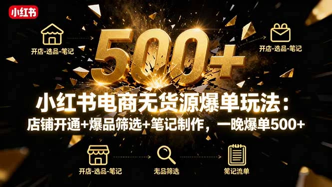【精】小红书电商无货源爆单玩法：店铺开通+爆品筛选+笔记制作，一晚爆单500+-副业吧