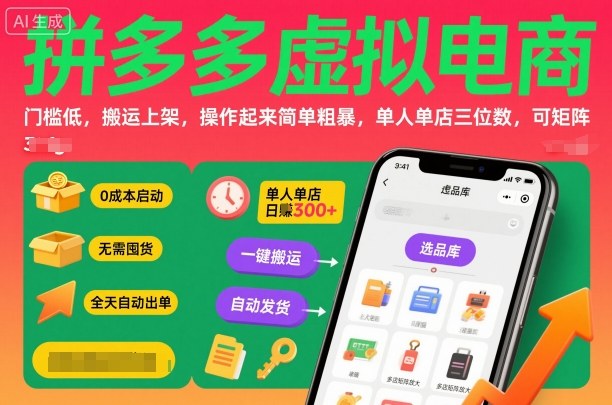 拼多多虚拟电商，门槛低，搬运上架，操作起来简单粗暴，单人单店三位数，可矩阵-副业吧