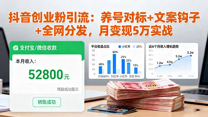 抖音创业粉引流：养号对标+文案钩子+全网分发，月变现5万实战-副业吧