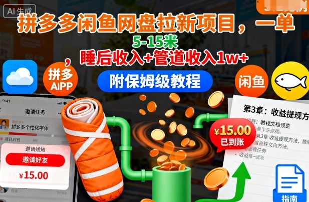 拼多多闲鱼网盘拉新项目，一单5-15米，睡后收入+管道收入1w+(附保姆级教程)-副业吧