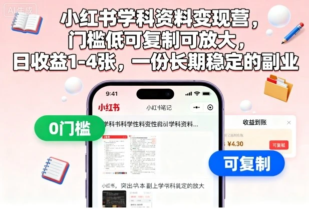 【精】小红书学科资料变现营，门槛低可复制可放大，日收益1-4张，一份长期稳定的副业-副业吧