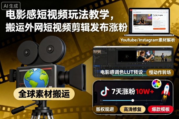 电影感短视频玩法教学，搬运外网短视频剪辑发布涨粉-副业吧