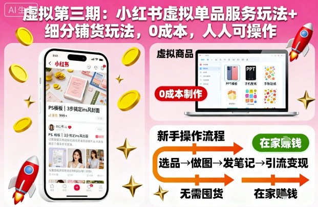 虚拟第三期：小红书虚拟单品服务玩法+细分铺货玩法，0成本，人人可操作-副业吧