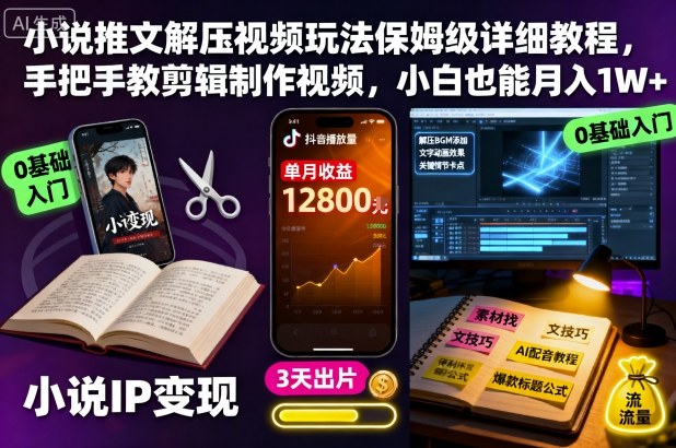小说推文解压视频玩法保姆级详细教程，手把手教剪辑制作视频，小白也能月入1W+-副业吧