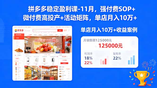 拼多多稳定盈利课-11月,强付费SOP+微付费高投产+活动矩阵,单店月入10万+-副业吧