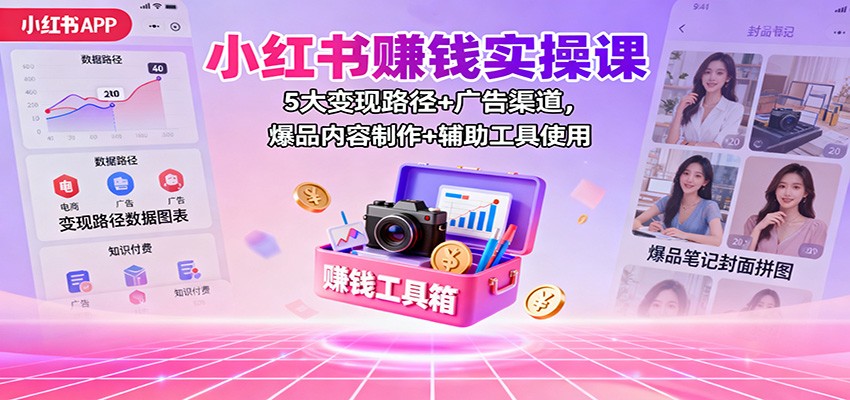 小红书赚钱实操课：5大变现路径+广告渠道，爆品内容制作+辅助工具使用-副业吧