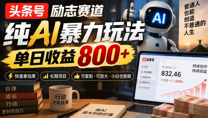 头条号励志赛道,纯AI暴力玩法,单日收益800+,快速拿结果,长期项目-副业吧