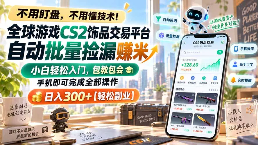 全球游戏CS2饰品交易平台自动批量捡漏赚米，小白轻松入门，包教包会，手机即可完成全部操作，日入300+【轻松副业】-副业吧