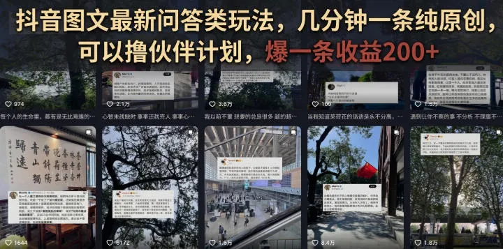 抖音图文最新问答类玩法,几分钟一条纯原创,可以撸伙伴计划,爆一条收益200+-副业吧