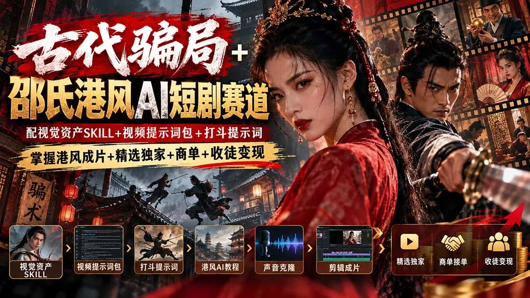 古代骗局+邵氏港风AI短剧赛道:配视觉资产SKILL+视频提示词包+打斗提示词,掌握港风成片+精选独家+商单+收徒变现-副业吧