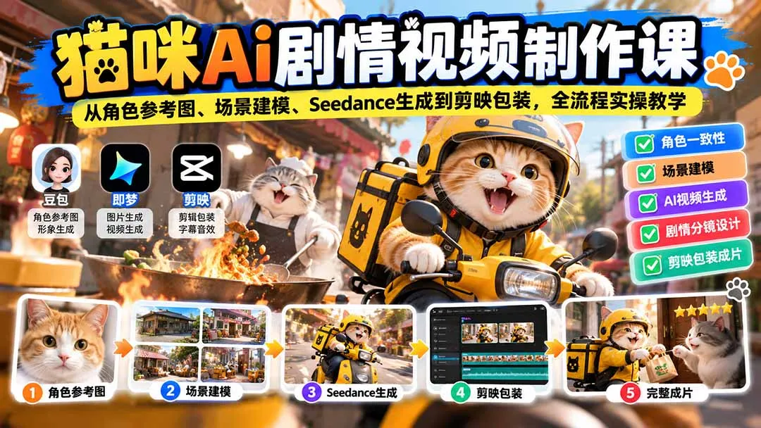 猫咪AI剧情视频制作课：从角色参考图、场景建模、Seedance生成到剪映包装，全流程实操教学-副业吧