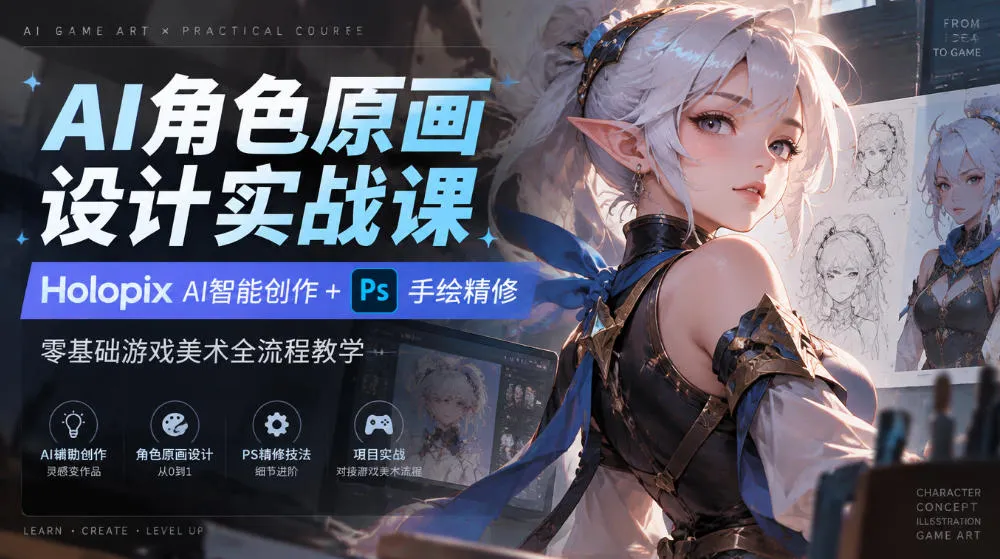 AI角色原画设计实战课|Holopix AI智能创作+PS手绘精修,零基础游戏美术全流程教学-副业吧