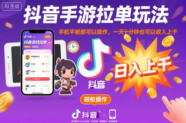 抖音手游拉单玩法,手机平板都可以操作,一天十分钟也可以收入上K【揭秘】-副业吧