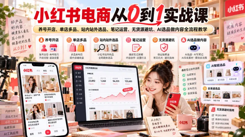 小红书电商从0到1实战课|养号开店、单店多品、站内站外选品、笔记运营、无货源避坑、AI选品做内容全流程教学-副业吧
