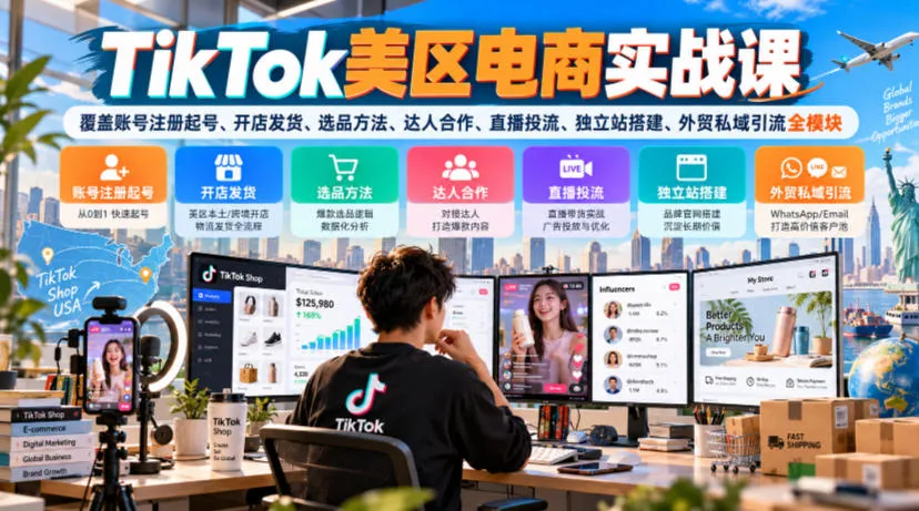 TikTok美区电商实战课,覆盖账号注册起号、开店发货、选品方法、达人合作、直播投流、独立站搭建、外贸私域引流全模块-副业吧