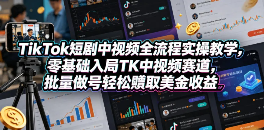 TikTok短剧中视频全流程实操教学,零基础入局TK中视频赛道,批量做号轻松賺取美金收益-副业吧