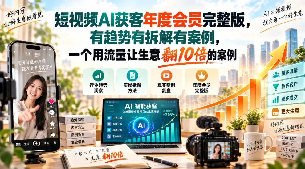 短视频AI获客年度会员完整版,有趋势有拆解有案例,一个用流量让生意翻10倍的案例-副业吧