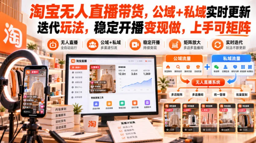 淘宝无人直播带货，公域+私域实时更新迭代玩法，稳定开播变现做，上手可矩阵【揭秘】-副业吧