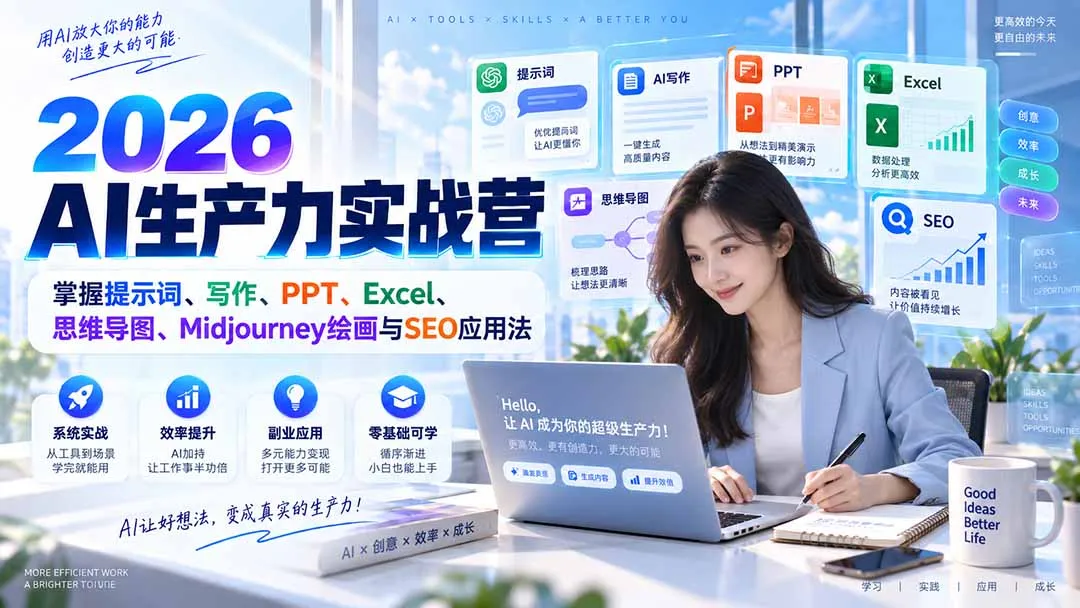 2026AI生产力实战营:掌握提示词、写作、PPT、Excel、思维导图、Midjourney绘画与SEO应用法-副业吧