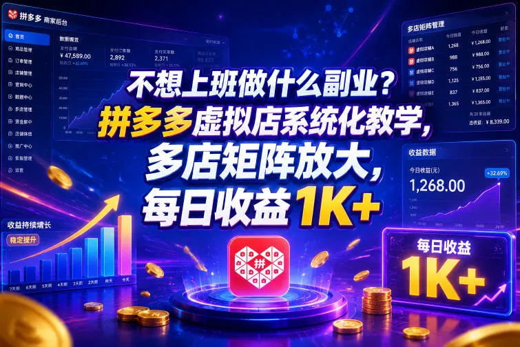 不想上班做什么副业?拼多多虚拟店系统化教学,多店矩阵放大,每日收益1K+【揭秘】-副业吧