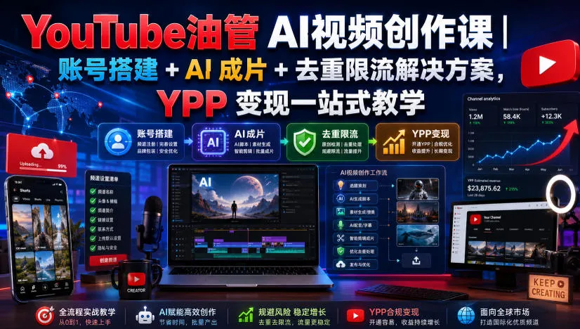 YouTube油管AI视频创作课|账号搭建+AI成片+去重限流解决方案,YPP变现一站式教学(更新0925)-副业吧