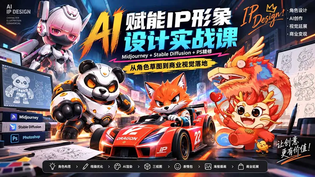 AI赋能IP形象设计实战课-无水印:Midjourney+Stable Diffusion+PS精修,从角色草图到商业视觉落地-副业吧