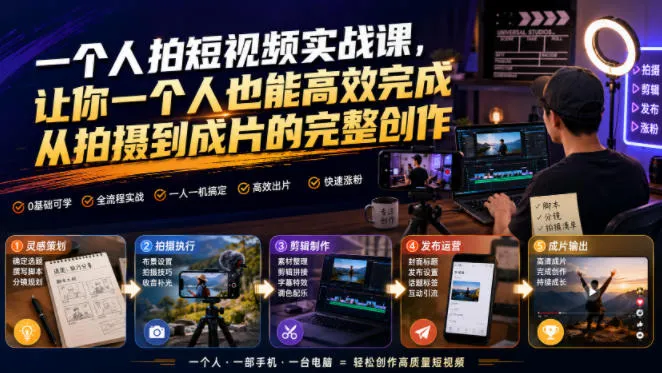 一个人拍短视频实战课，让你一个人也能高效完成从拍摄到成片的完整创作-副业吧