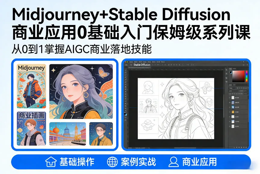 AIGC商业应用Midjourney+Stable Diffusion教程，0基础入门保姆级系列课-副业吧