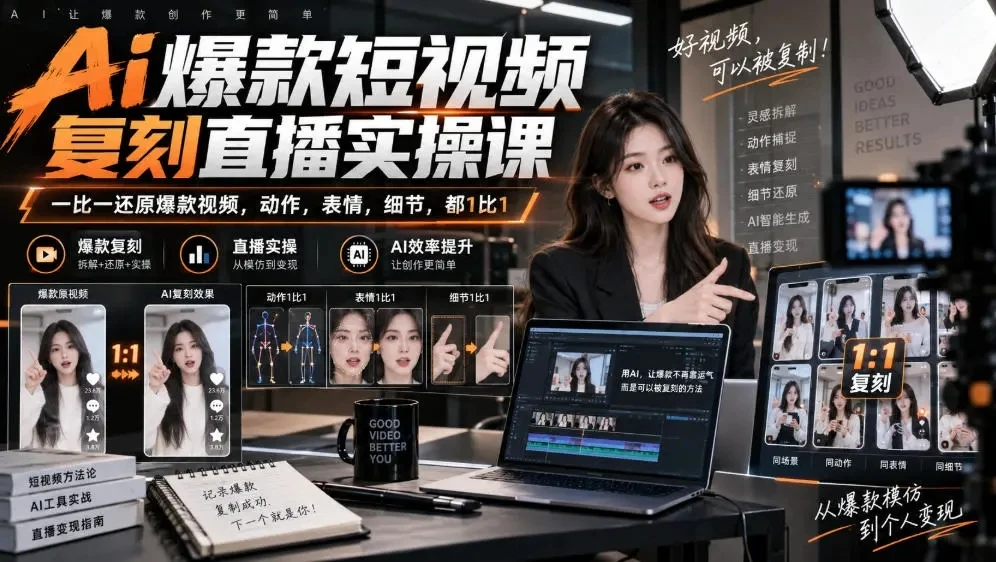 【精】天诺老吴Ai爆款短视频复刻直播实操课，一比一还原爆款视频，动作，表情，细节，都1比1-副业吧