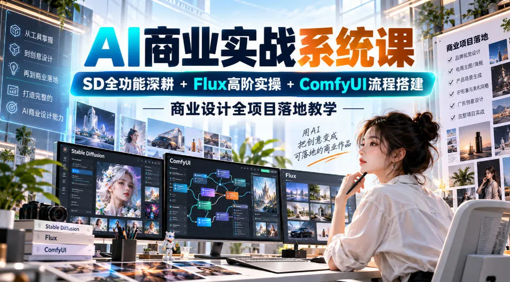 AI商业实战系统课|SD全功能深耕+Flux高阶实操+Comfyui流程搭建,商业设计全项目落地教学
