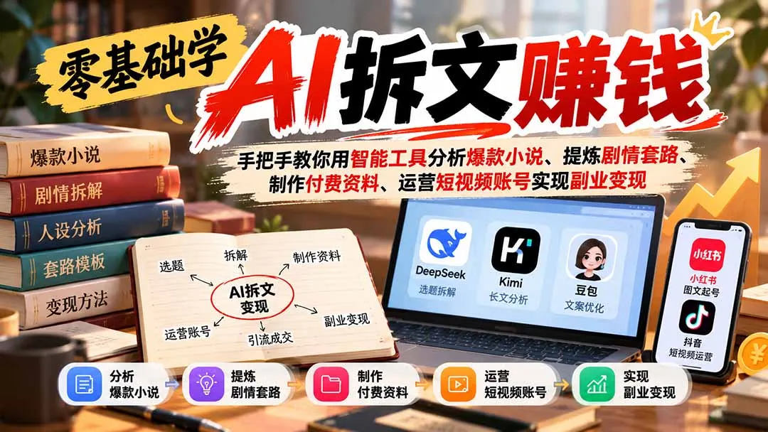 零基础学AI拆文赚钱:手把手教你用智能工具分析爆款小说、提炼剧情套路、制作付费资料、运营短视频账号实现副业变现-副业吧