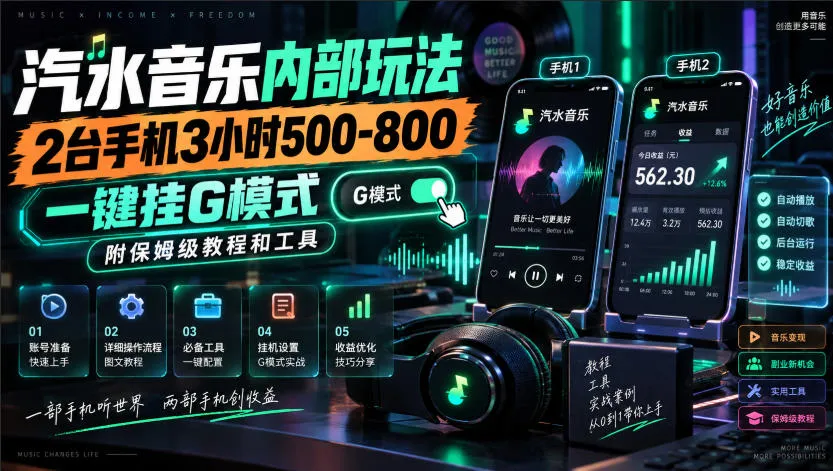汽水音乐内部玩法，2台手机3小时500-800，一键挂G模式，附保姆级教程和工具【揭秘】-副业吧
