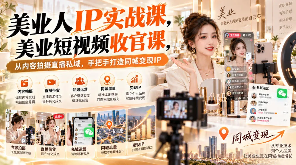【无水印】美业人IP实战课,美业短视频收官课,从内容拍摄直播私域,手把手打造同城变现IP-副业吧