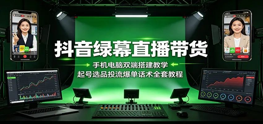 抖音绿幕直播带货：手机电脑双端搭建教学，起号选品投流爆单话术全套教程-副业吧
