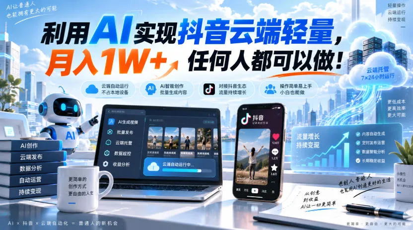 利用AI实现抖音云端轻量,月入1W+,任何人都可以做!【揭秘】-副业吧