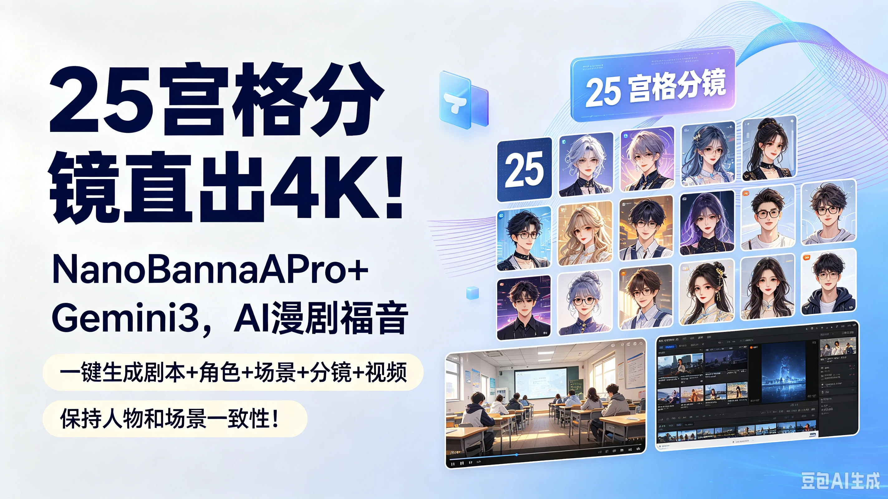 【精】25宫格分镜直出4K!NanoBananaPro+Gemini3,AI漫剧福音(一键生成剧本+角色+场景+分镜+视频)保持人物和场景一致性!-副业吧