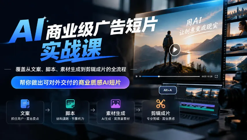AI商业级广告短片实战课,覆盖从文案、脚本、素材生成到剪辑成片的全流程,帮你做出可对外交付的商业质感AI短片-副业吧