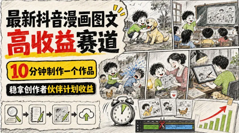 最新抖音漫画图文高收益赛道,10分钟制作一个作品,稳拿创作者伙伴计划收益-副业吧