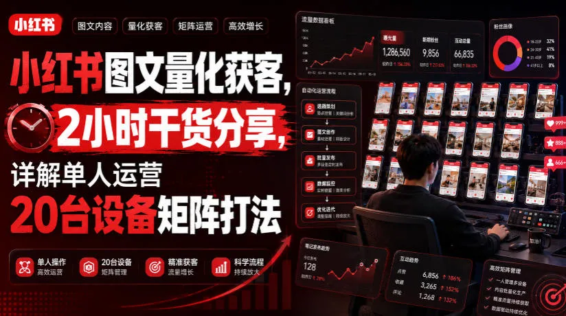 小红书图文量化获客，2小时干货分享，详解单人运营20台设备矩阵打法-副业吧