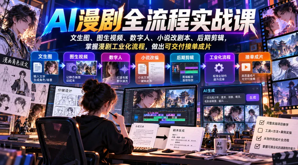 AI漫剧全流程实战课，文生图、图生视频、数字人、小说改剧本、后期剪辑，掌握漫剧工业化流程，做出可交付接单成片-副业吧