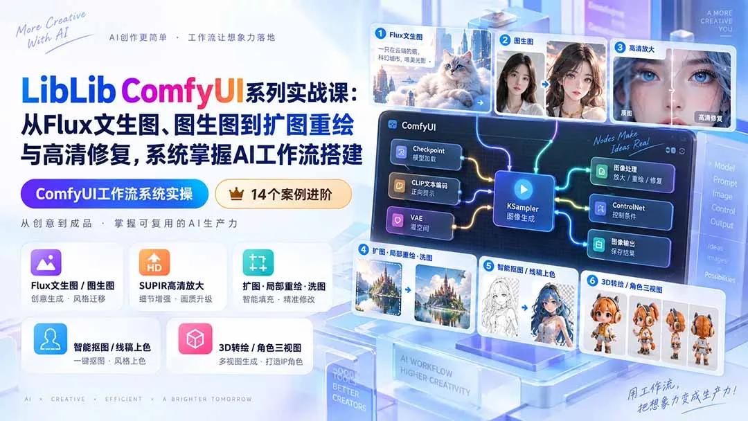 LibLib ComfyUI系列实战课：从Flux文生图、图生图到扩图重绘与高清修复，系统掌握AI工作流搭建-副业吧