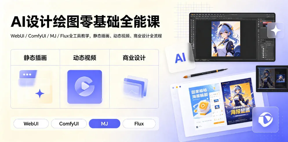 AI设计绘图零基础全能课|WebUI/ComfyUI/MJ/Flux全工具教学,静态插画、动态视频、商业设计全流程-副业吧