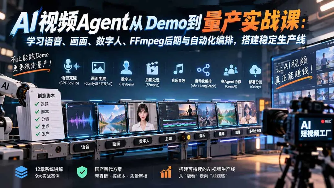 AI视频Agent从Demo到量产实战课:学习语音、画面、数字人、FFmpeg后期与自动化编排,搭建稳定生产线-副业吧